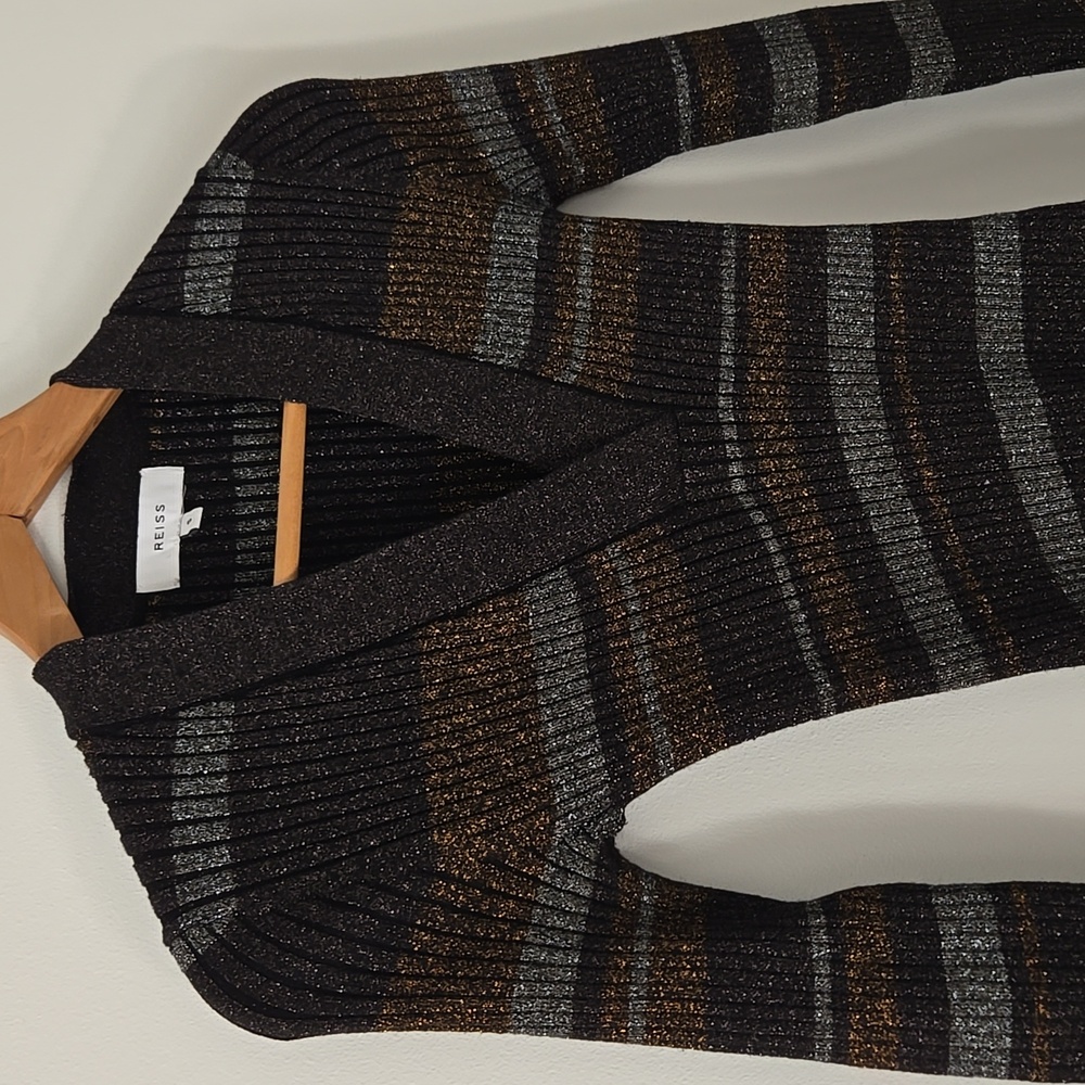Reiss Black, Gray, and Brown Striped V-Neck Sweater